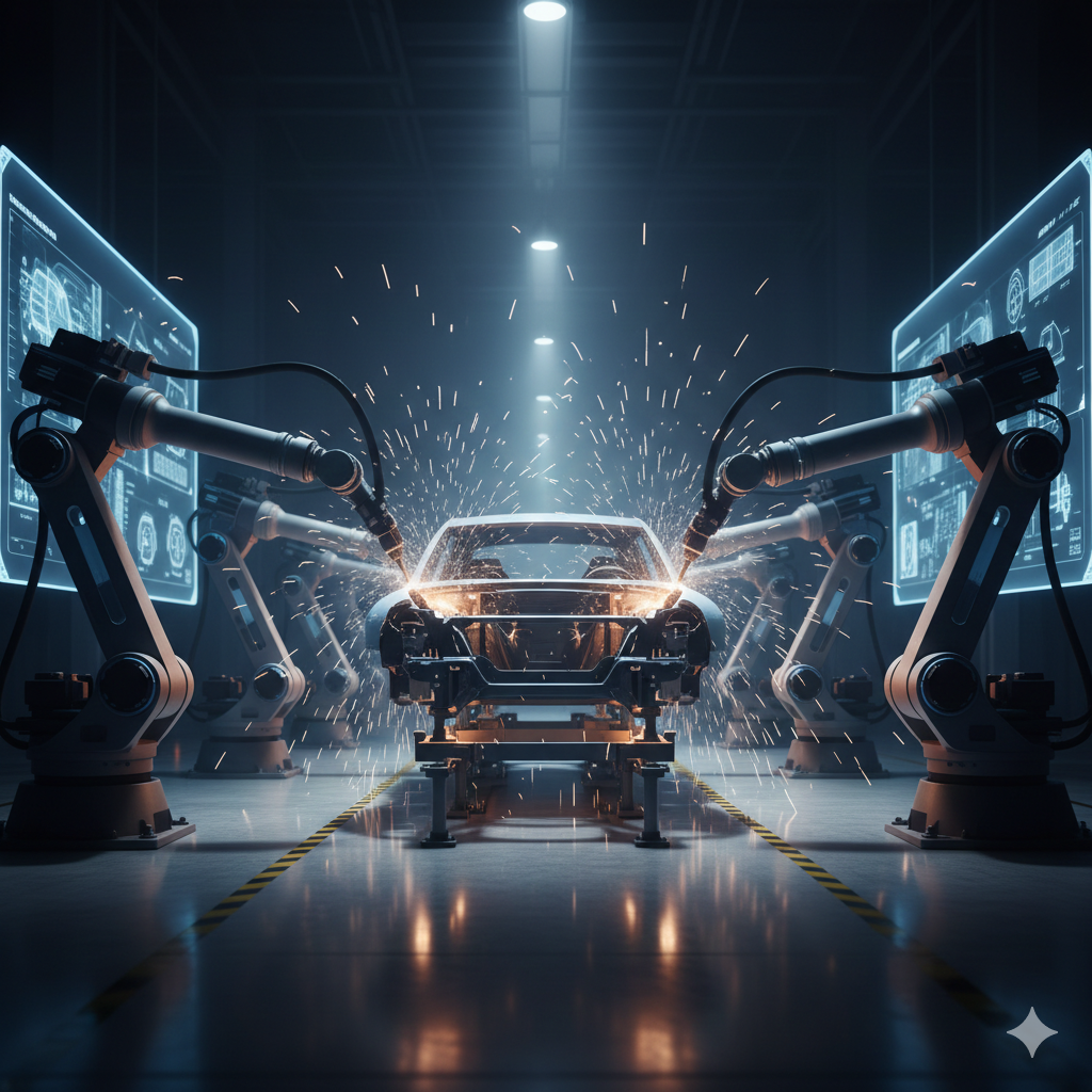 Advanced robotic arms assembling a car chassis in a clean dark modern automated factory, sparks flying, cinematic lighting, no human, no woman